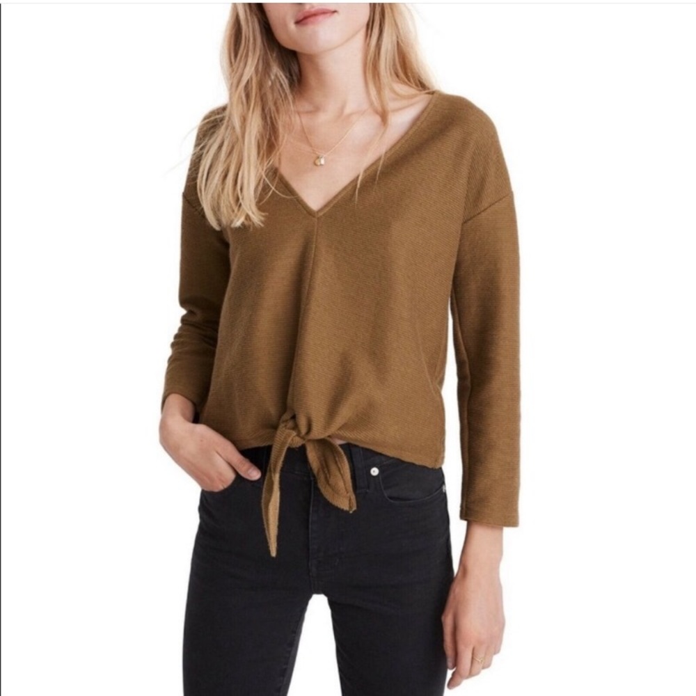 Madewell Texture and Thread Long Sleeve Tie Front Cop Top, Olive, Size Medium